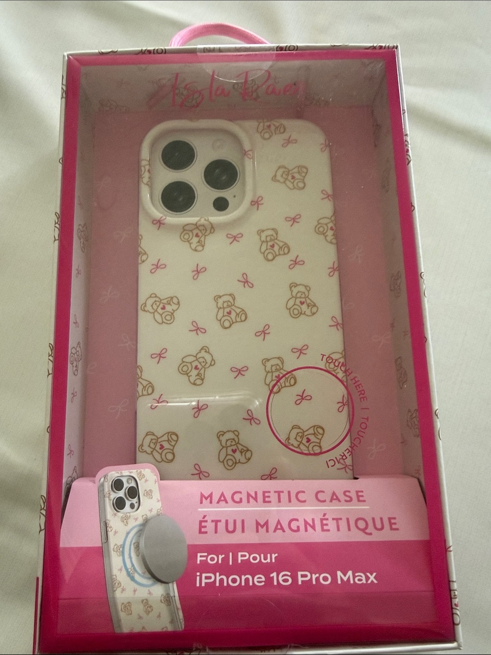 Magnetic Teddy Bear iPhone 16 Pro Max Case - Pink and White